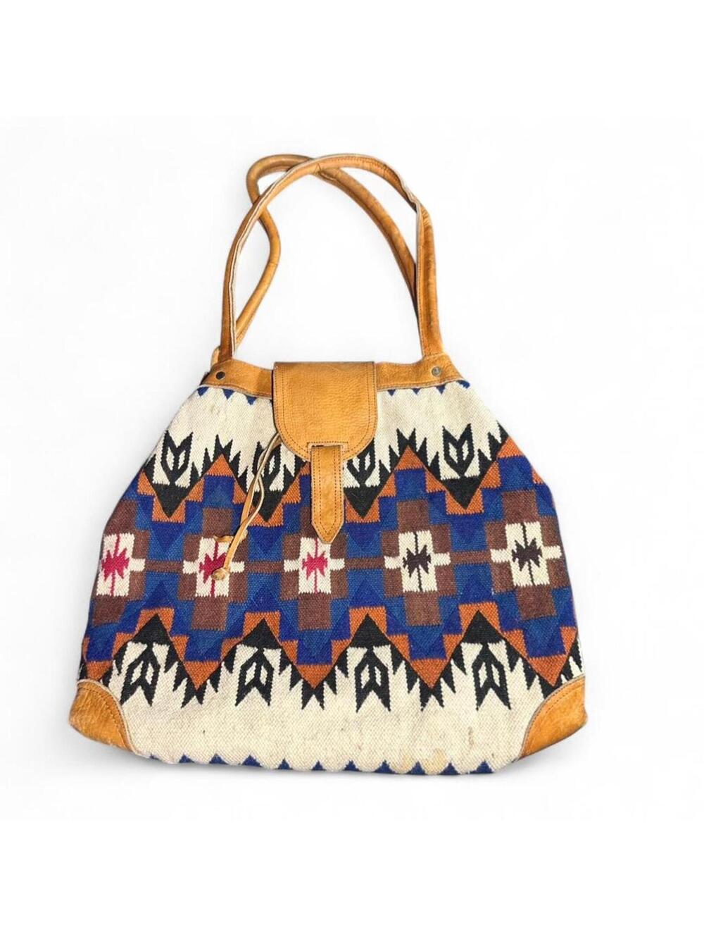Shoulder Tote Bag Purse Wool Leather Southwestern Style Boho